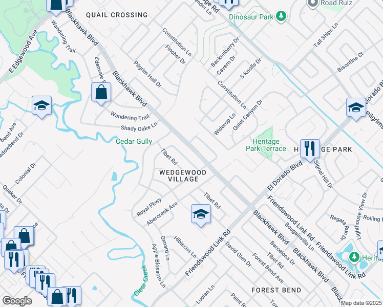 map of restaurants, bars, coffee shops, grocery stores, and more near 16114 Blackhawk Boulevard in Friendswood