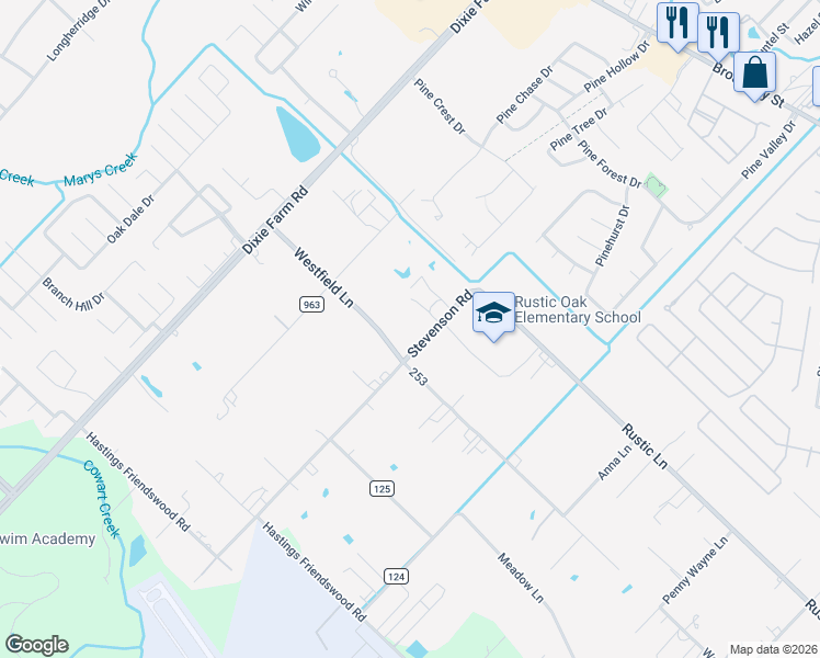 map of restaurants, bars, coffee shops, grocery stores, and more near 1521 Westfield Lane in Pearland