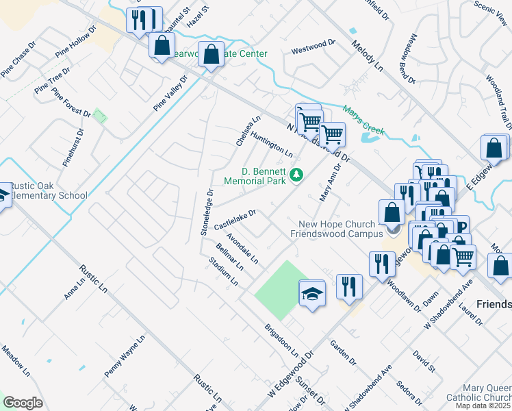 map of restaurants, bars, coffee shops, grocery stores, and more near 510 Castlelake Drive in Friendswood