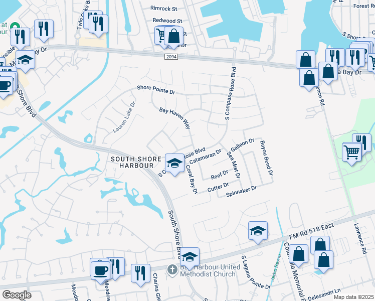 map of restaurants, bars, coffee shops, grocery stores, and more near 2007 Morning Tide Lane in League City