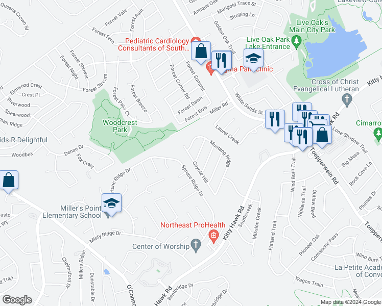 map of restaurants, bars, coffee shops, grocery stores, and more near 7427 Redman Pass in Converse