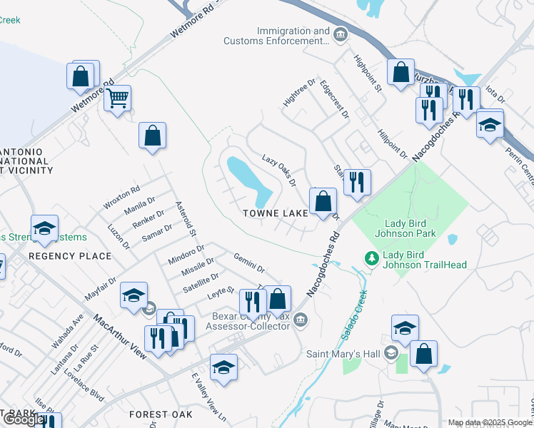 map of restaurants, bars, coffee shops, grocery stores, and more near 10990 Lake Path Drive in San Antonio