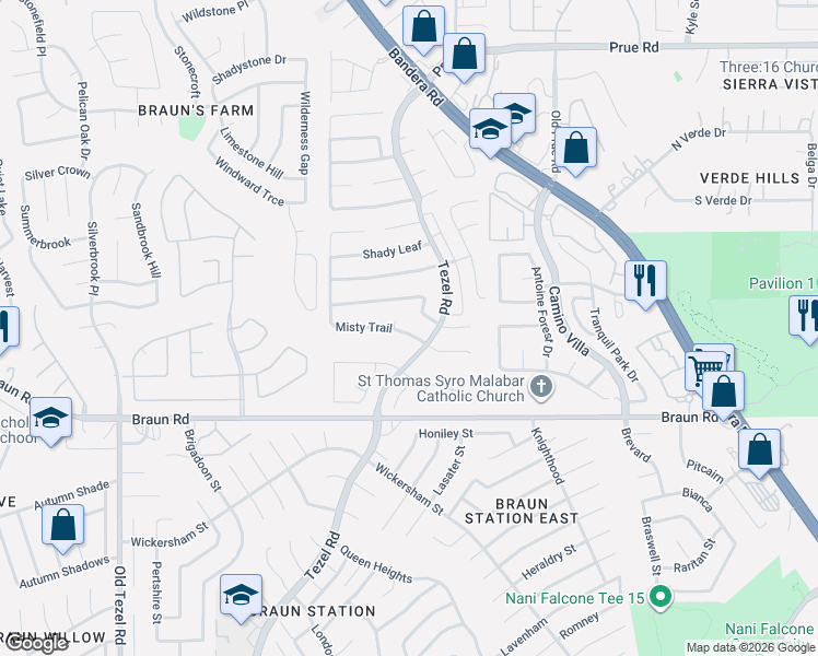 map of restaurants, bars, coffee shops, grocery stores, and more near 8821 Rustling Winds in San Antonio