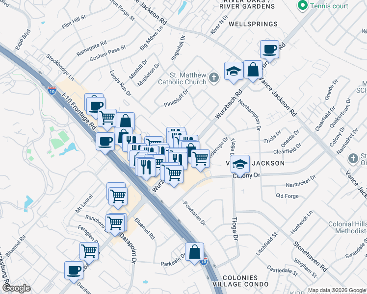 map of restaurants, bars, coffee shops, grocery stores, and more near 10225 Wurzbach Road in San Antonio