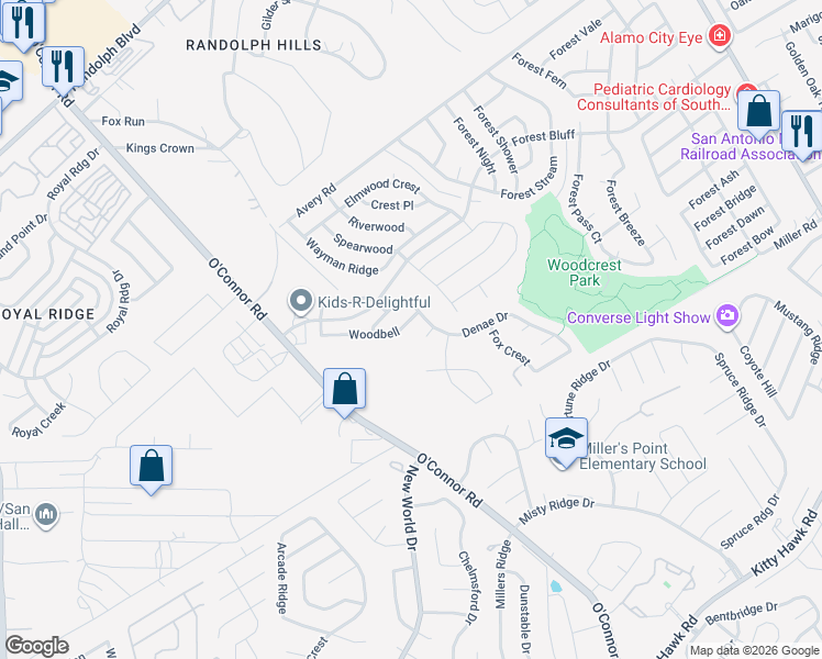 map of restaurants, bars, coffee shops, grocery stores, and more near 6618 Woodbell in Live Oak