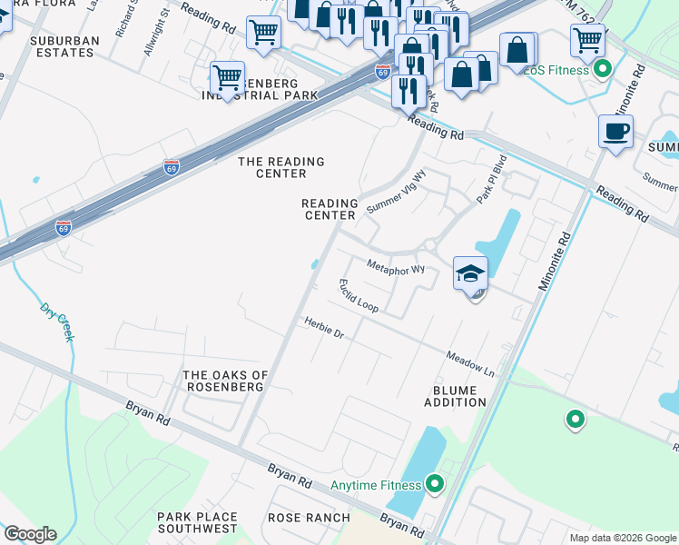 map of restaurants, bars, coffee shops, grocery stores, and more near 5718 Euclid Loop in Rosenberg