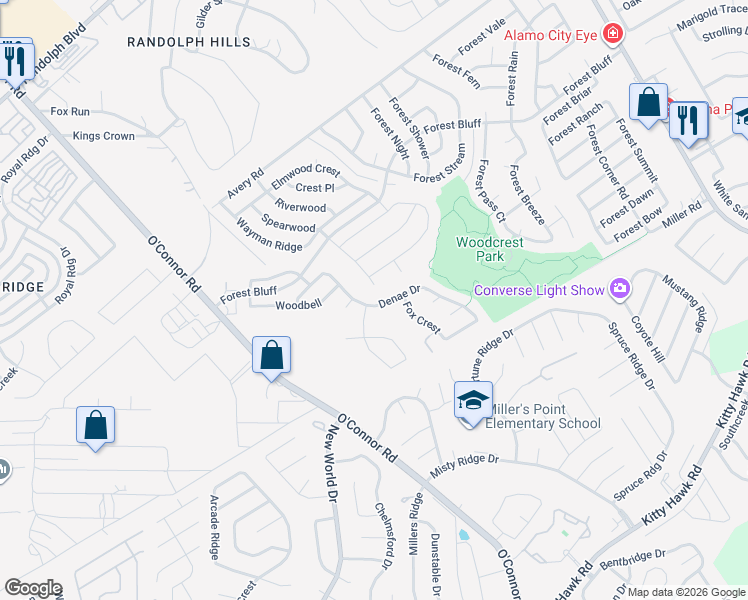 map of restaurants, bars, coffee shops, grocery stores, and more near 11202 Denae Drive in San Antonio