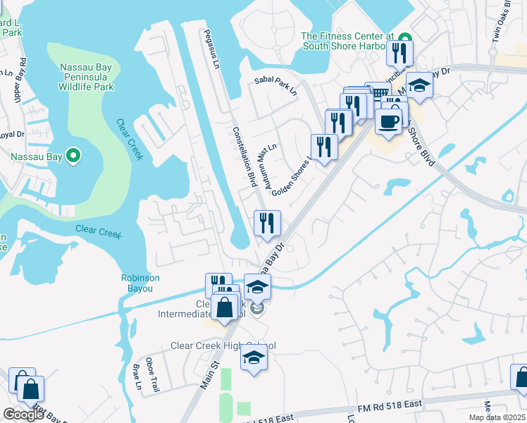 map of restaurants, bars, coffee shops, grocery stores, and more near 462 Constellation Boulevard in League City