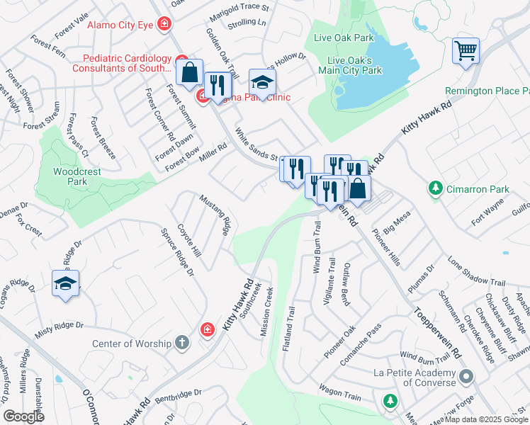map of restaurants, bars, coffee shops, grocery stores, and more near 7855 Kitty Hawk Road in Converse