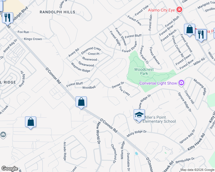 map of restaurants, bars, coffee shops, grocery stores, and more near 11202 Denae Drive in San Antonio