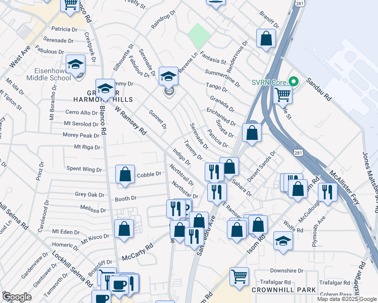 map of restaurants, bars, coffee shops, grocery stores, and more near 322 Tammy Drive in San Antonio