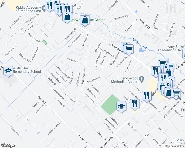map of restaurants, bars, coffee shops, grocery stores, and more near 503 Brandywyne Drive in Friendswood