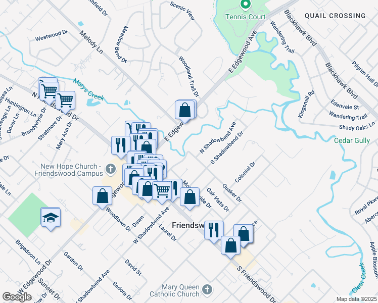 map of restaurants, bars, coffee shops, grocery stores, and more near 301 East Heritage Drive in Friendswood