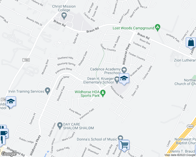 map of restaurants, bars, coffee shops, grocery stores, and more near 9802 Spring Beauty in San Antonio