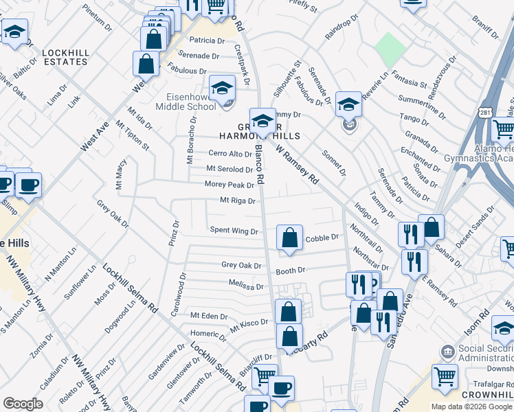 map of restaurants, bars, coffee shops, grocery stores, and more near 1000 Mount Riga Drive in San Antonio