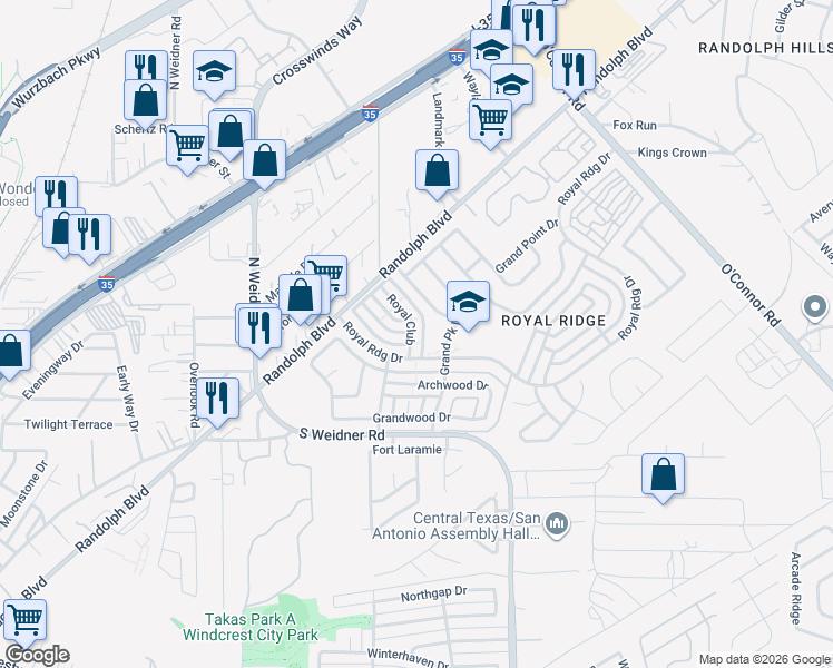 map of restaurants, bars, coffee shops, grocery stores, and more near 5841 Royal Club in San Antonio