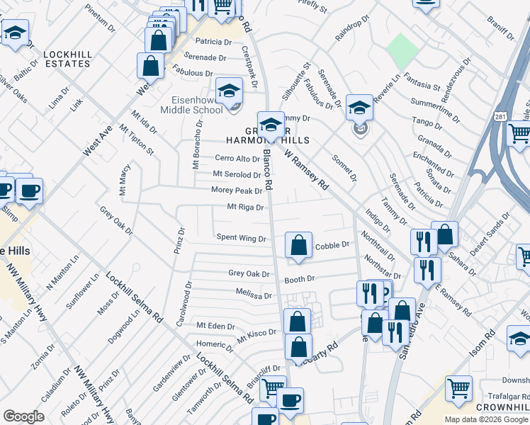 map of restaurants, bars, coffee shops, grocery stores, and more near 1000 Mount Riga Drive in San Antonio