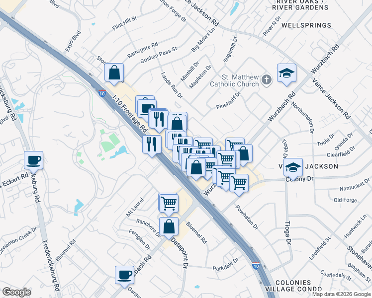 map of restaurants, bars, coffee shops, grocery stores, and more near 9821 Colonnade Boulevard in San Antonio