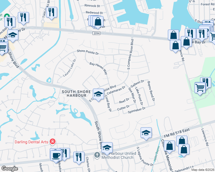 map of restaurants, bars, coffee shops, grocery stores, and more near 2009 Morning Tide Lane in League City