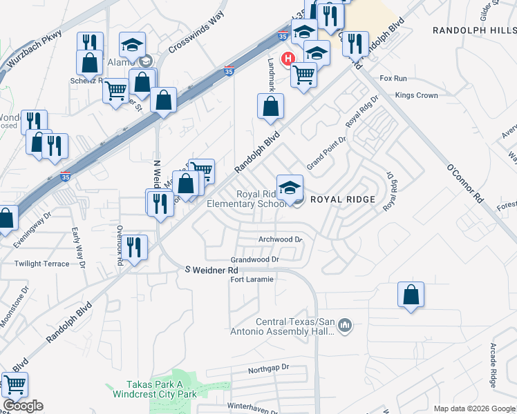 map of restaurants, bars, coffee shops, grocery stores, and more near 5841 Royal Club in San Antonio