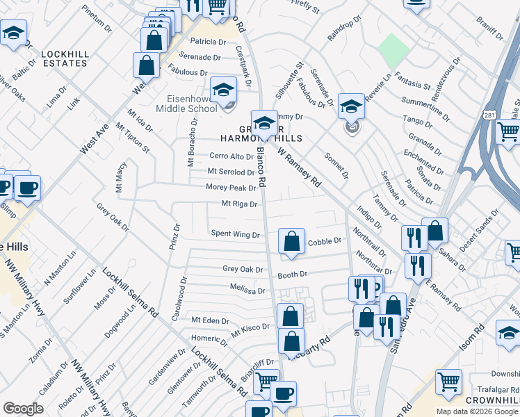 map of restaurants, bars, coffee shops, grocery stores, and more near 1000 Mount Riga Drive in San Antonio