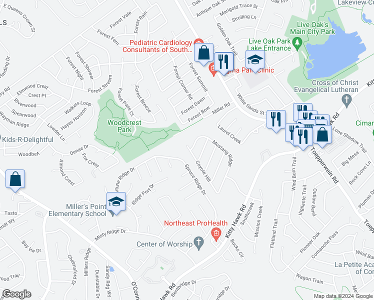 map of restaurants, bars, coffee shops, grocery stores, and more near 10607 Coyote Hill in Converse