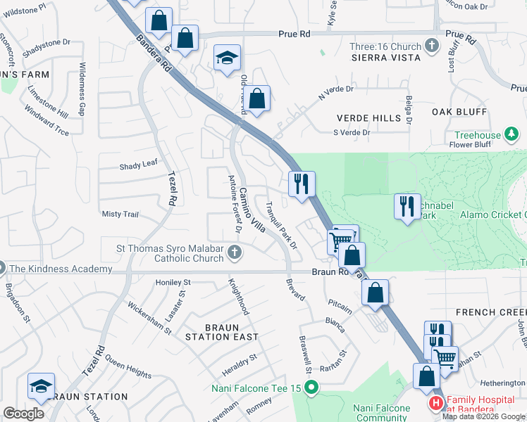 map of restaurants, bars, coffee shops, grocery stores, and more near 9520 Legend Isle Drive in San Antonio