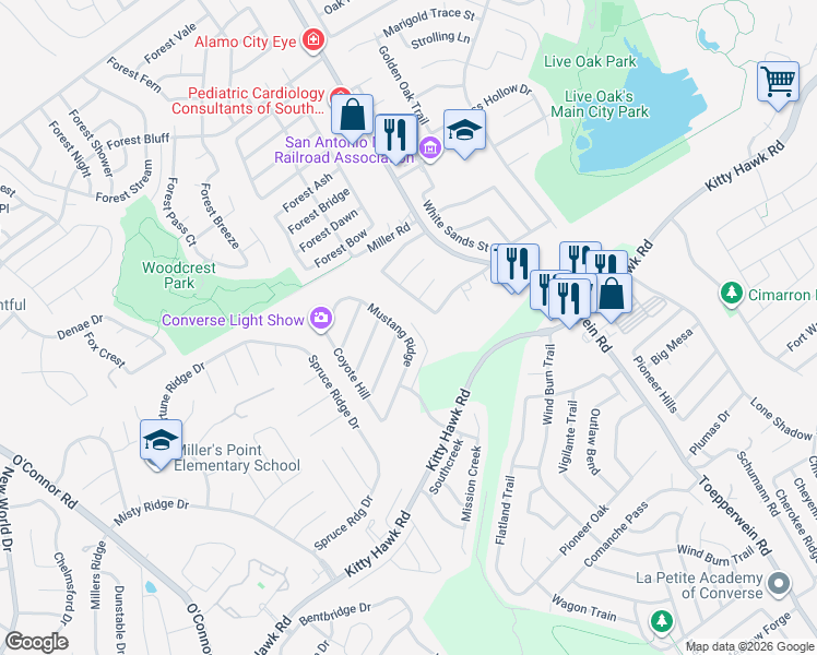 map of restaurants, bars, coffee shops, grocery stores, and more near 10707 Laurel Creek in Converse