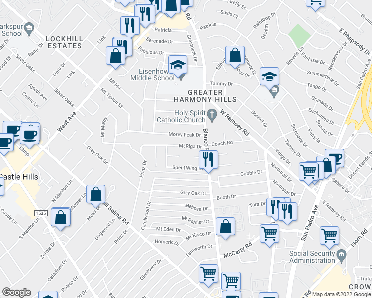 map of restaurants, bars, coffee shops, grocery stores, and more near 1102 Mount Riga Drive in San Antonio