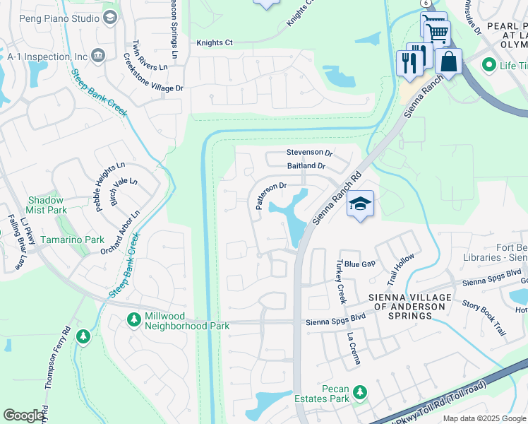 map of restaurants, bars, coffee shops, grocery stores, and more near 6806 Patterson Drive in Missouri City