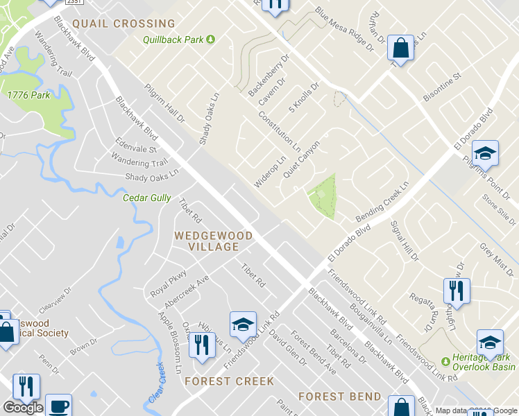 map of restaurants, bars, coffee shops, grocery stores, and more near 16219 Bougainvilla Lane in Friendswood