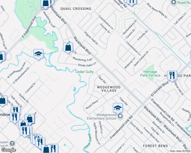 map of restaurants, bars, coffee shops, grocery stores, and more near 5202 Apple Blossom Lane in Friendswood