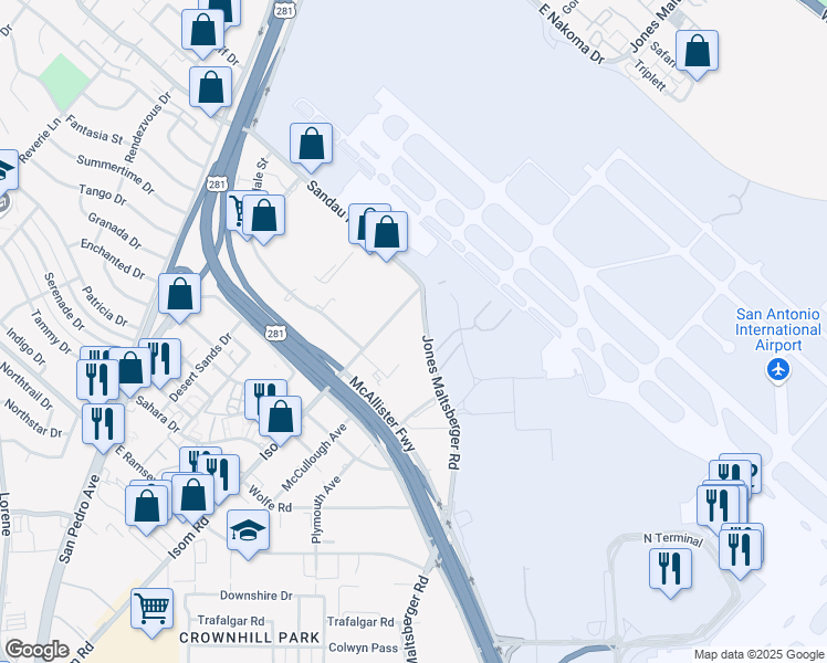 map of restaurants, bars, coffee shops, grocery stores, and more near 10103 Jones Maltsberger Road in San Antonio