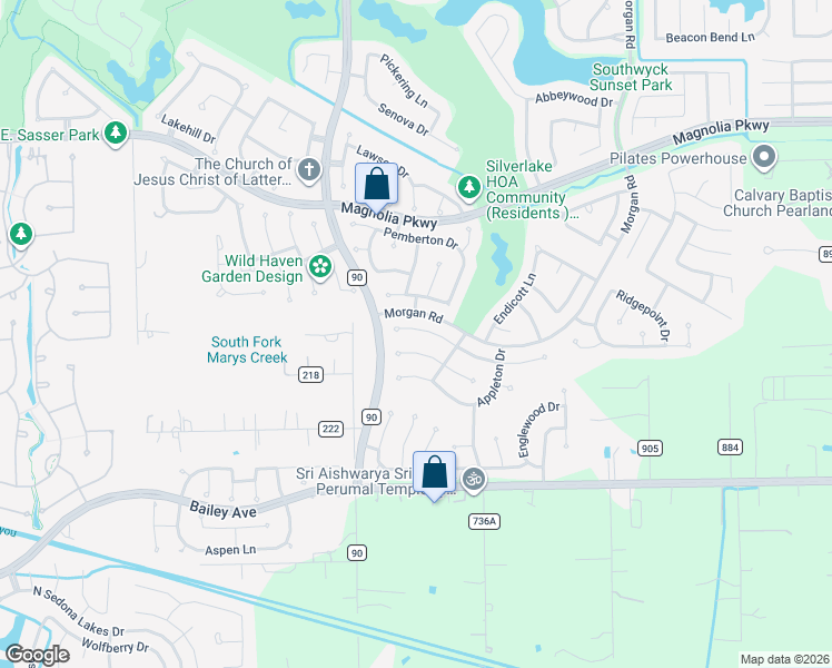 map of restaurants, bars, coffee shops, grocery stores, and more near 3526 Paigewood Drive in Pearland
