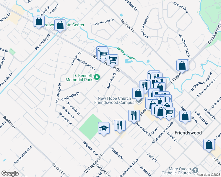 map of restaurants, bars, coffee shops, grocery stores, and more near 205 Mary Ann Dr in Friendswood