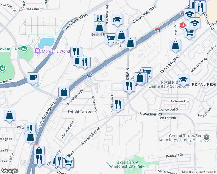 map of restaurants, bars, coffee shops, grocery stores, and more near 415 Overlook Road in San Antonio