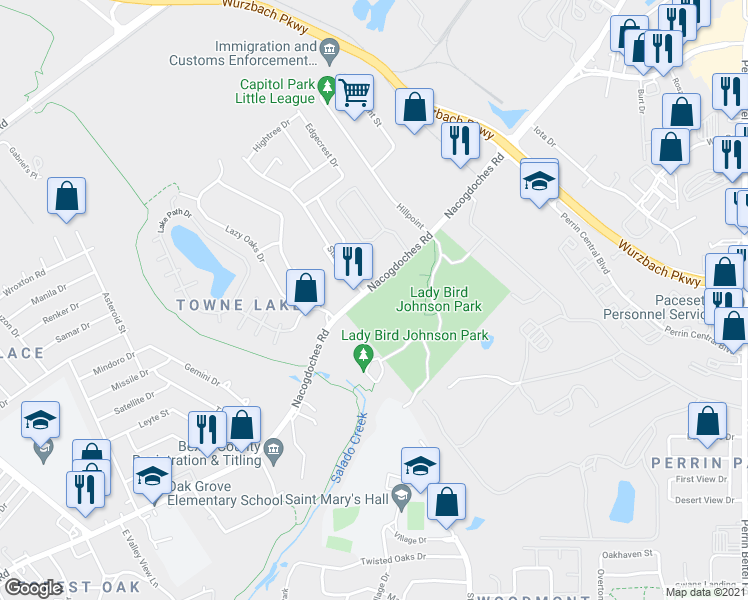 map of restaurants, bars, coffee shops, grocery stores, and more near 10500 Nacogdoches Road in San Antonio