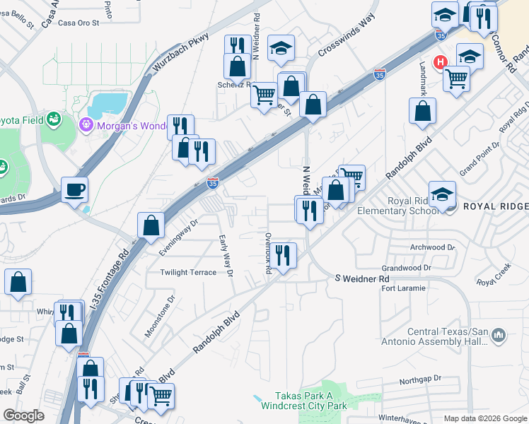 map of restaurants, bars, coffee shops, grocery stores, and more near 415 Overlook Road in San Antonio