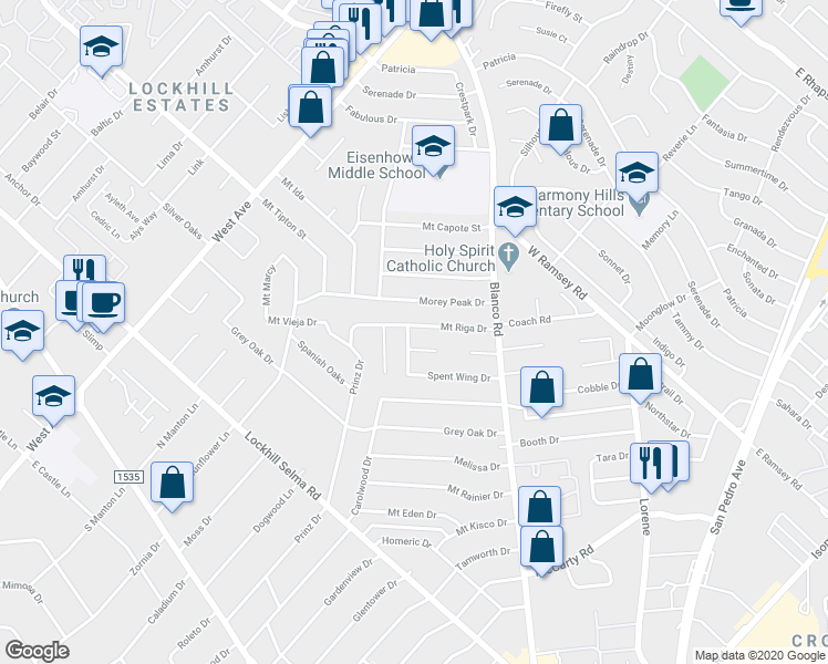 map of restaurants, bars, coffee shops, grocery stores, and more near 1126 Mount Riga Drive in San Antonio