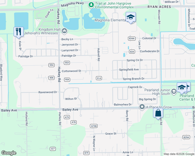 map of restaurants, bars, coffee shops, grocery stores, and more near 5710 Cottonwood Street in Pearland