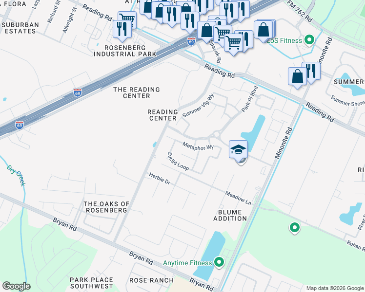 map of restaurants, bars, coffee shops, grocery stores, and more near 5814 Metaphor Way in Rosenberg