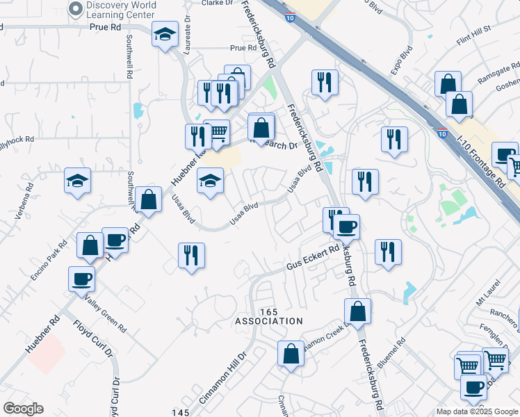 map of restaurants, bars, coffee shops, grocery stores, and more near 9803 Via Belcara in San Antonio