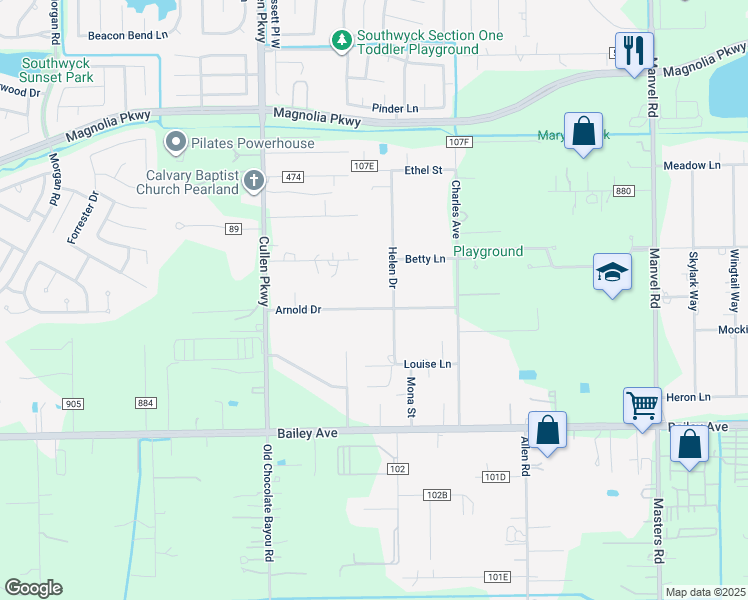 map of restaurants, bars, coffee shops, grocery stores, and more near 4719 Arnold Drive in Pearland