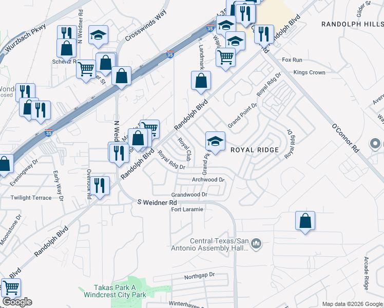 map of restaurants, bars, coffee shops, grocery stores, and more near 5841 Royal Club in San Antonio
