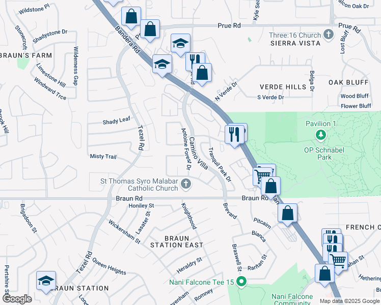 map of restaurants, bars, coffee shops, grocery stores, and more near 9510 Antoine Forest Drive in San Antonio