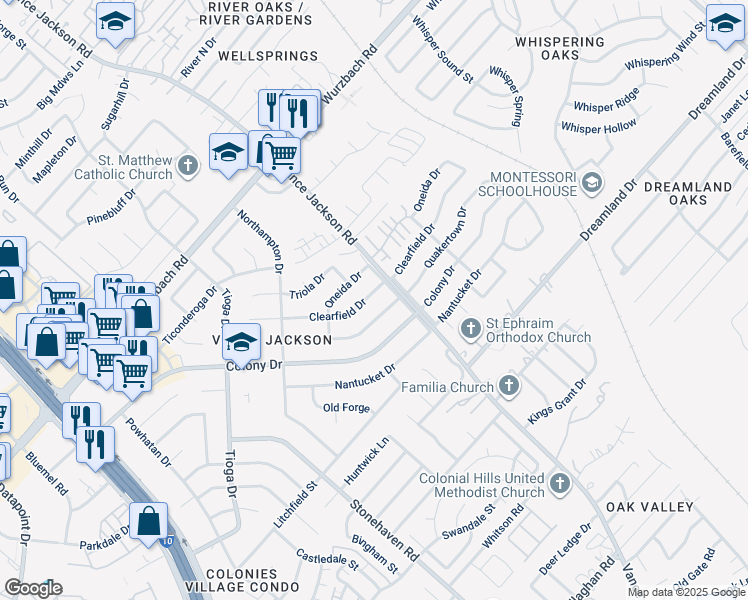map of restaurants, bars, coffee shops, grocery stores, and more near 3214 Clearfield Drive in San Antonio