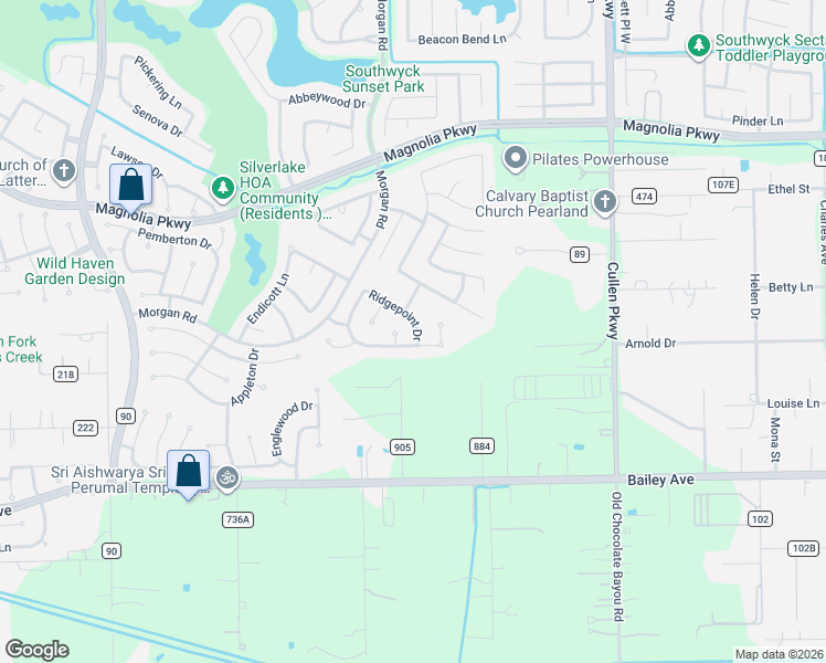 map of restaurants, bars, coffee shops, grocery stores, and more near 4122 Ridgepoint Drive in Pearland
