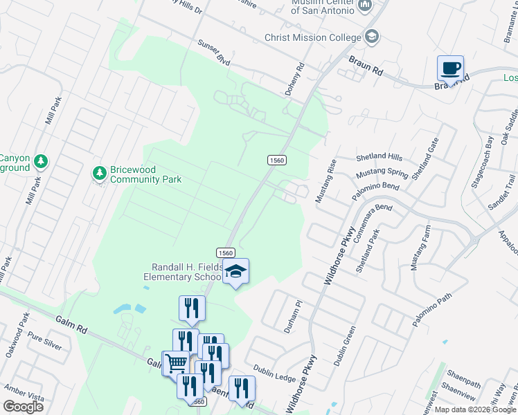 map of restaurants, bars, coffee shops, grocery stores, and more near 10050 Farm to Market Road 1560 in San Antonio