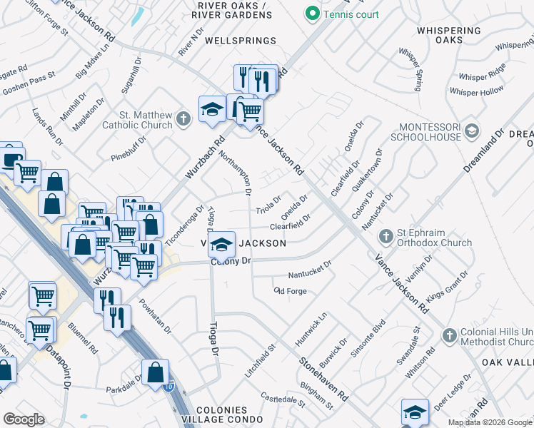 map of restaurants, bars, coffee shops, grocery stores, and more near 3418 Triola Drive in San Antonio