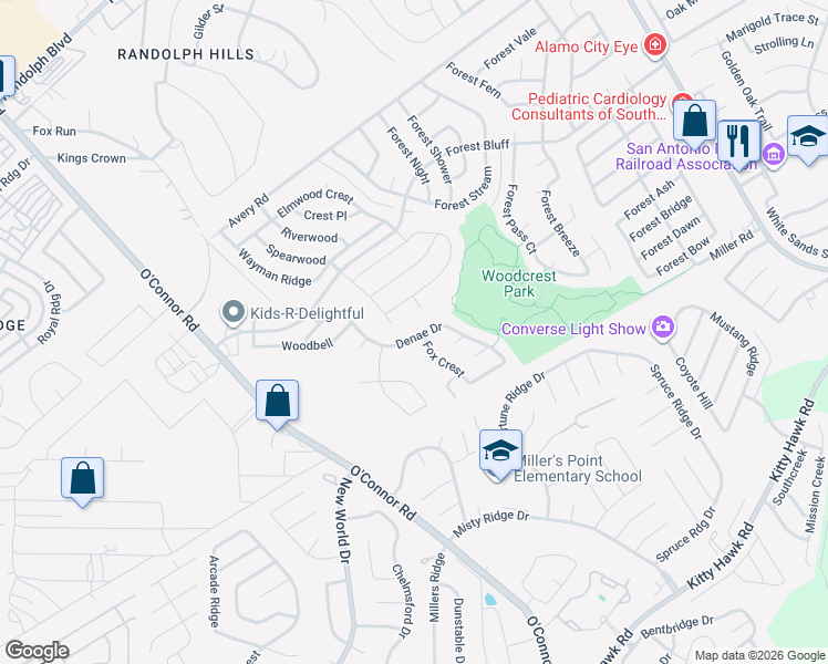 map of restaurants, bars, coffee shops, grocery stores, and more near 11102 Denae Drive in San Antonio